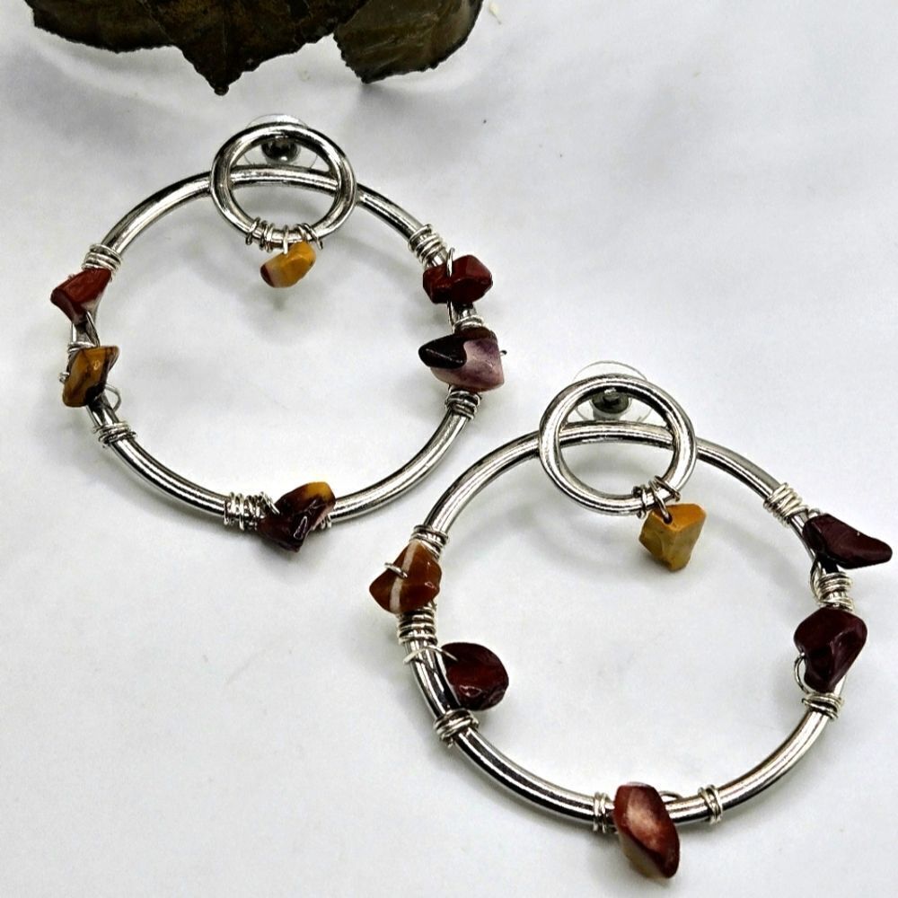 "5/$40" Silvertone Gemstone Nugget Large Circle Post Earrings